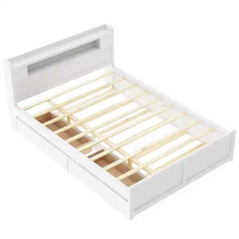 Letto a piattaforma Queen Size con letto estraibile, letto a piattaforma in legno con 2 cassetti portaoggetti e luce a LED