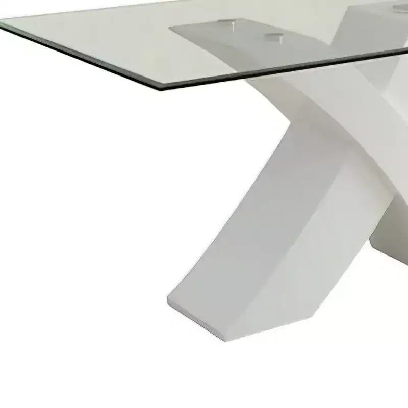 Tavolo da pranzo moderno da 60" con piano bianco e vetro trasparente, base incrociata in legno, 4 posti