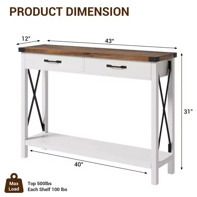 Tavolo Consolle Rustico a 2 Ripiani con Cassetti per Ingresso/Soggiorno, MDF e Gambe in Legno