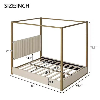Letto a baldacchino a piattaforma Queen Size con testiera imbottita a canale, telaio a baldacchino a 4 colonne in metallo dorato per bambini, adolescenti, adulti, beige