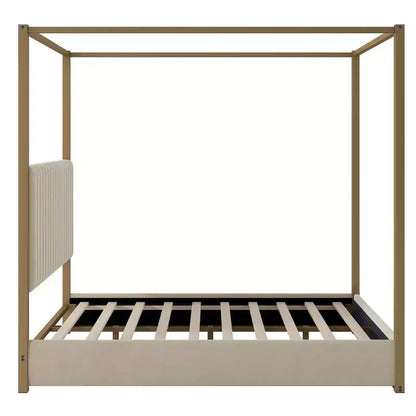 Letto a baldacchino a piattaforma Queen Size con testiera imbottita a canale, telaio a baldacchino a 4 colonne in metallo dorato per bambini, adolescenti, adulti, beige