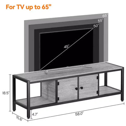 Mobile TV per TV fino a 65 pollici, Tavolino Porta TV Grande con 2 Vani Chiusi e Scomparti Aperti, Mobile Soggiorno in Legno con Piedini
