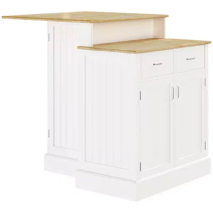 Kitchen Island with 2-Level Rubber Wood Tabletop, Island Table with Adjustable Shelves and Drawers
