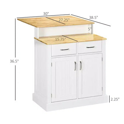 Isola da Cucina con Piano in Legno di Gomma a 2 Livelli, Tavolo a Isola con Ripiani Regolabili e Cassetti