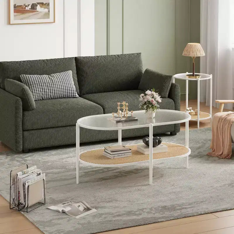 Tavolino da Caffè Ovale in Vetro con Effetto Onda, Ripiano in Rattan e Struttura in Metallo