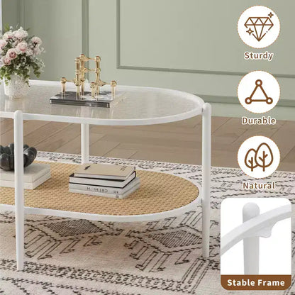 Tavolino da Caffè Ovale in Vetro con Effetto Onda, Ripiano in Rattan e Struttura in Metallo