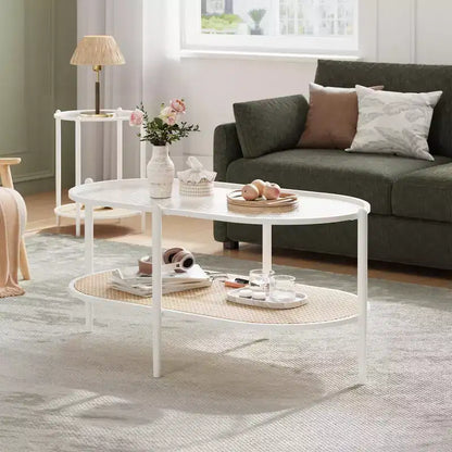 Tavolino da Caffè Ovale in Vetro con Effetto Onda, Ripiano in Rattan e Struttura in Metallo