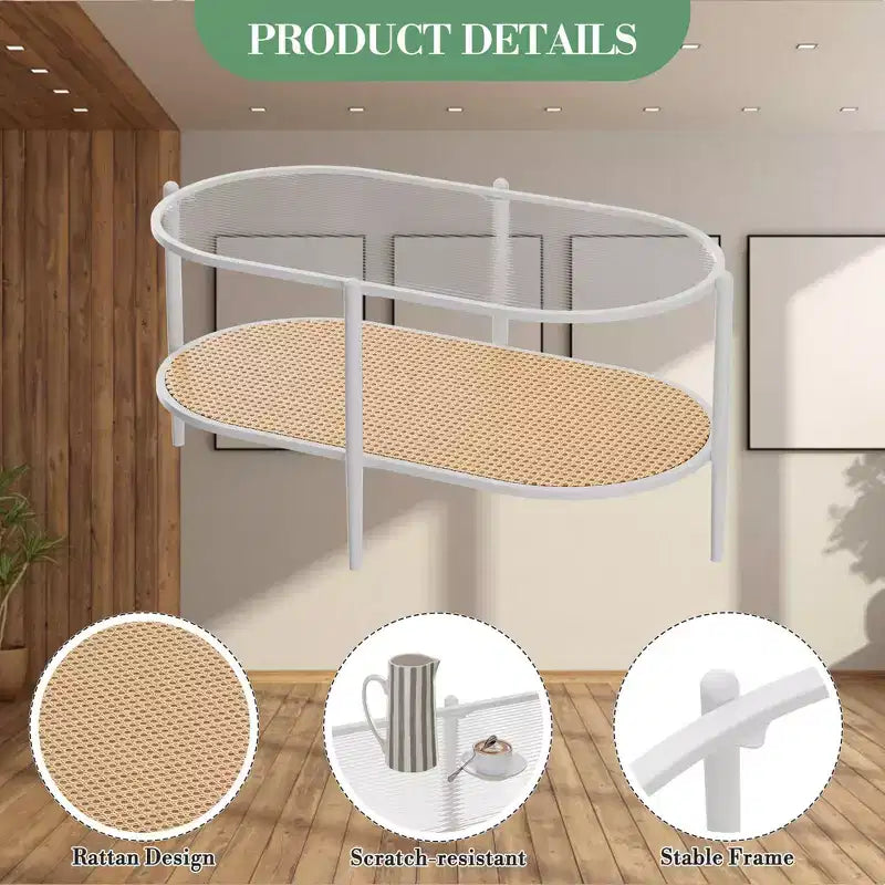Tavolino da Caffè Ovale in Vetro con Effetto Onda, Ripiano in Rattan e Struttura in Metallo