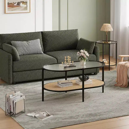 Tavolino da Caffè Ovale in Vetro con Effetto Onda, Ripiano in Rattan e Struttura in Metallo