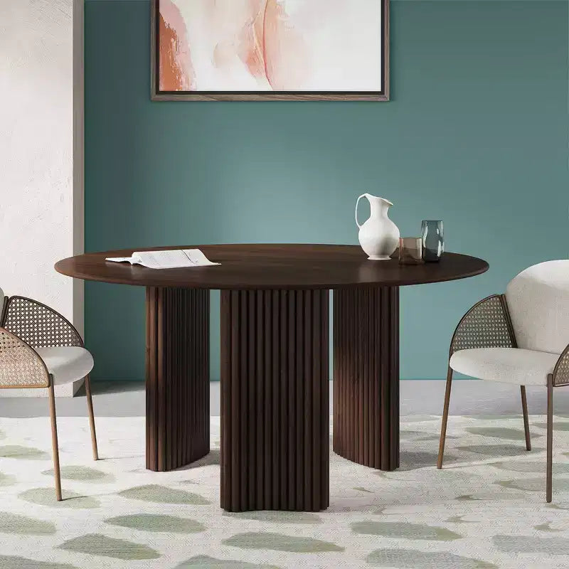 Tavolo da pranzo rotondo moderno da 60" con gambe a colonna a strisce, in legno massello, antigraffio, noce