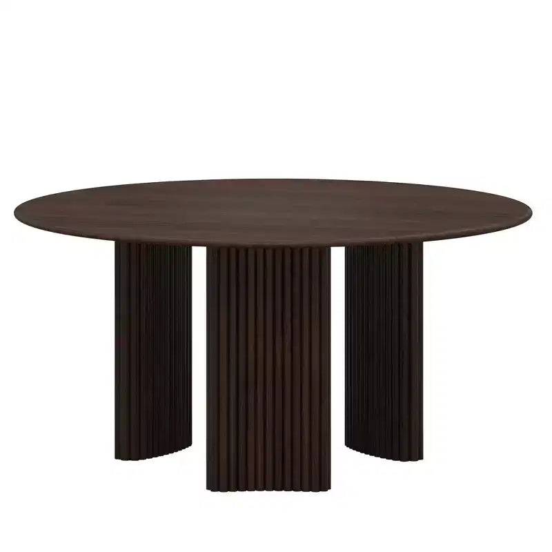 Tavolo da pranzo rotondo moderno da 60" con gambe a colonna a strisce, in legno massello, antigraffio, noce