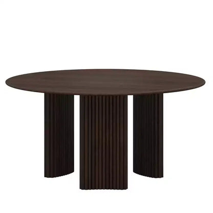 Tavolo da pranzo rotondo moderno da 60" con gambe a colonna a strisce, in legno massello, antigraffio, noce