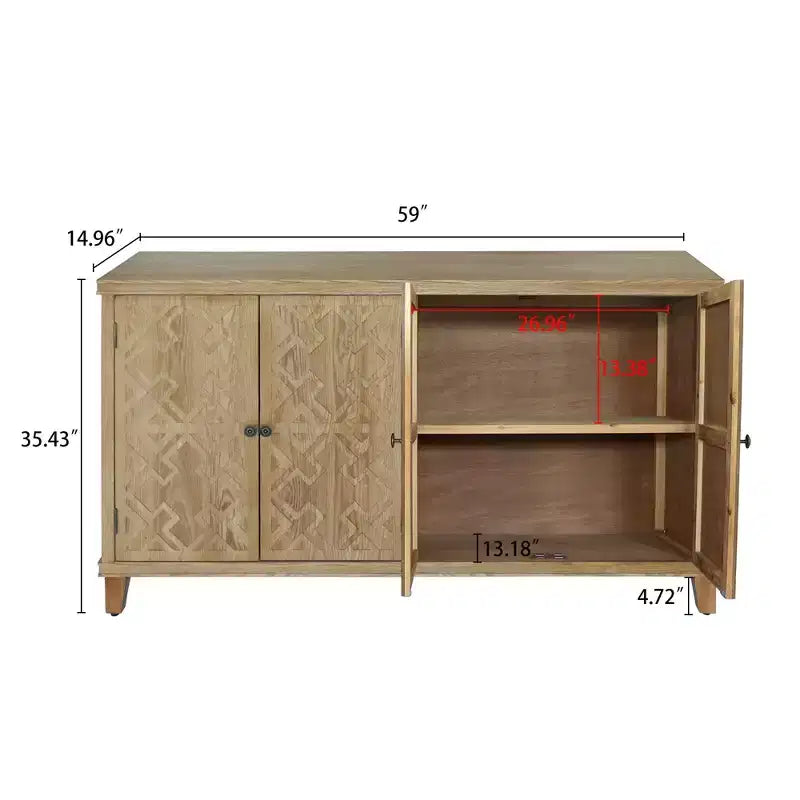 Credenza Rustica in Legno di Abete da 150 cm con 4 Ante, per Soggiorno e Ingresso