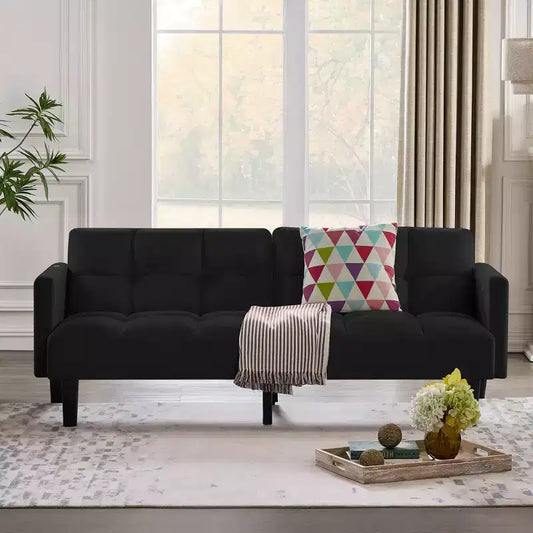 MAYEERTY Velvet Futon Couch Convertible Folding Three Seater Sofa Bed Tufted Couch for Apartment Black