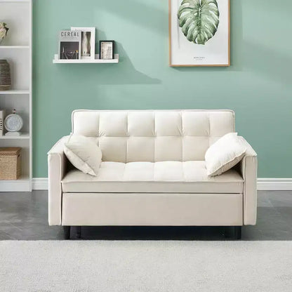MAYEERTY Modern Velevt Loveseat Sleeper Sofa Couch Pull Out Bed with Toss Pillows Pockets for Living Room Bedroom Beige