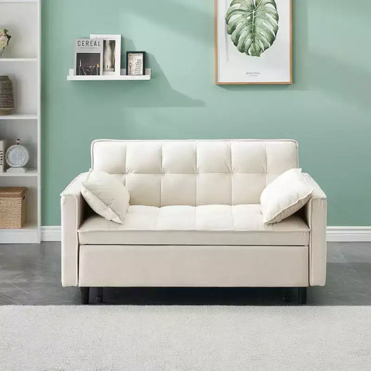 MAYEERTY Modern Velevt Loveseat Sleeper Sofa Couch Pull Out Bed with Toss Pillows Pockets for Living Room Bedroom Beige