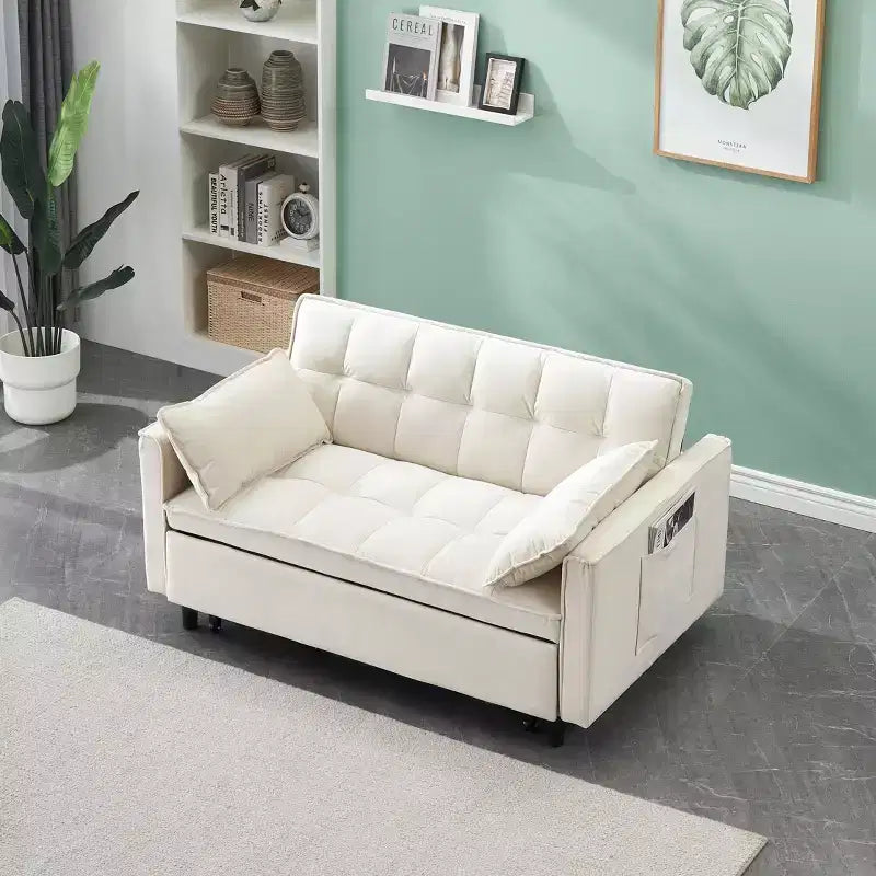 Divano Letto Moderno in Velluto a Due Posti con Letto Estraibile, Cuscini Decorativi e Tasche, Beige