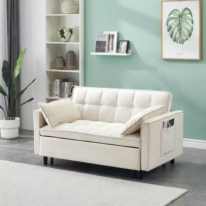 Divano Letto Moderno in Velluto a Due Posti con Letto Estraibile, Cuscini Decorativi e Tasche, Beige