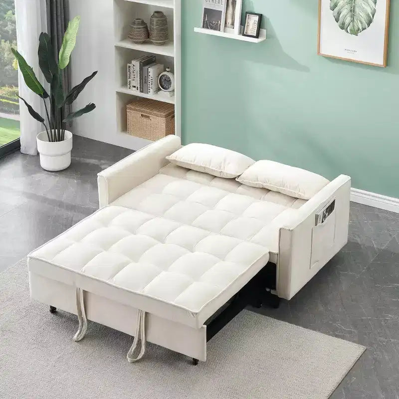 Divano Letto Moderno in Velluto a Due Posti con Letto Estraibile, Cuscini Decorativi e Tasche, Beige