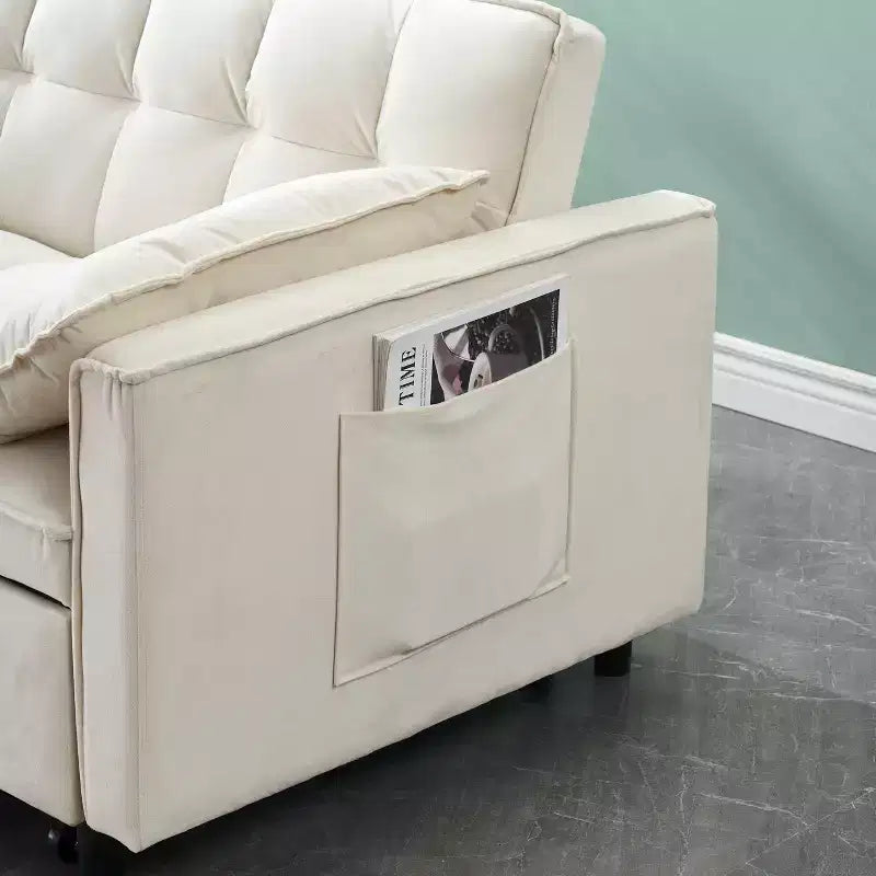 Divano Letto Moderno in Velluto a Due Posti con Letto Estraibile, Cuscini Decorativi e Tasche, Beige
