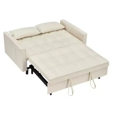 Divano Letto Moderno in Velluto a Due Posti con Letto Estraibile, Cuscini Decorativi e Tasche, Beige