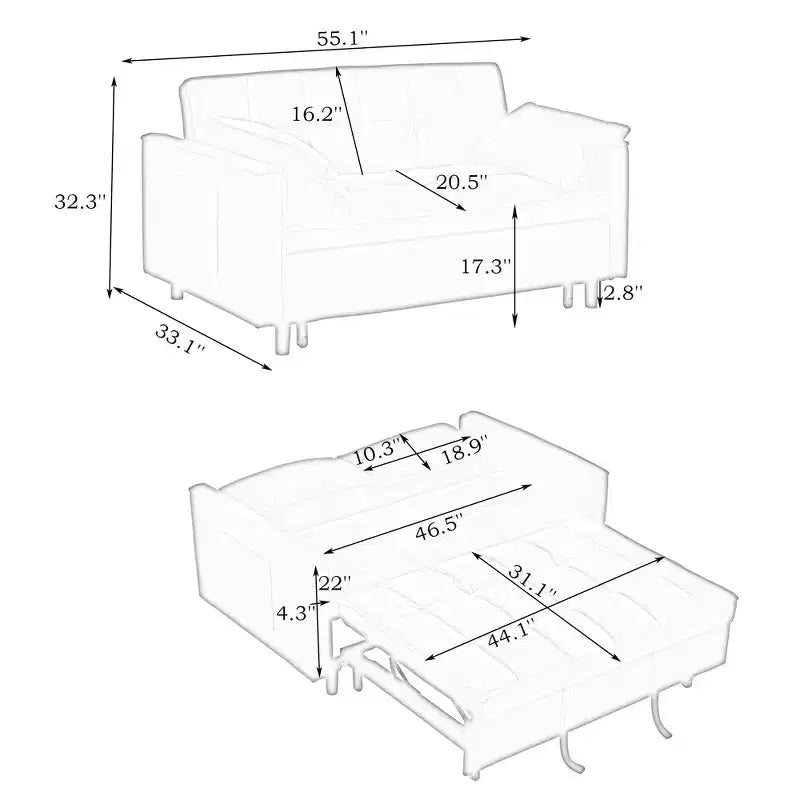 Divano Letto Moderno in Velluto a Due Posti con Letto Estraibile, Cuscini Decorativi e Tasche, Beige