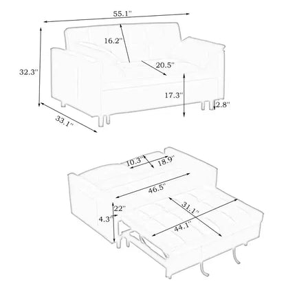 Divano Letto Moderno in Velluto a Due Posti con Letto Estraibile, Cuscini Decorativi e Tasche, Beige