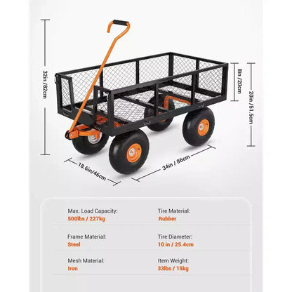 Carrello in acciaio per impieghi gravosi con maniglia girevole a 180° versatile, sponde rimovibili e ruote da 10 pollici per l'uso in cucina o in giardino