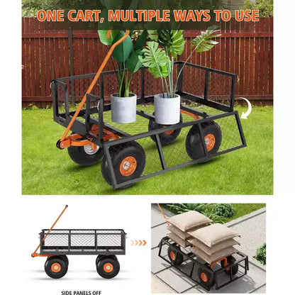 Carrello in acciaio per impieghi gravosi con maniglia girevole a 180° versatile, sponde rimovibili e ruote da 10 pollici per l'uso in cucina o in giardino