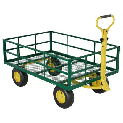 Heavy-duty steel cart with versatile 180 swivel handle, removable sides, and 10-inch wheels for use in the kitchen or garden