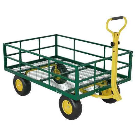 Heavy-duty steel cart with versatile 180 swivel handle, removable sides, and 10-inch wheels for use in the kitchen or garden