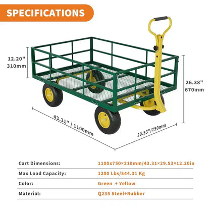 Carrello in acciaio per impieghi gravosi con maniglia girevole a 180° versatile, sponde rimovibili e ruote da 10 pollici per l'uso in cucina o in giardino