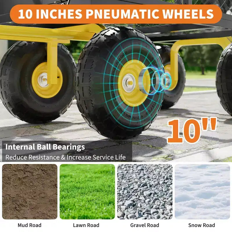 Carrello in acciaio per impieghi gravosi con maniglia girevole a 180° versatile, sponde rimovibili e ruote da 10 pollici per l'uso in cucina o in giardino