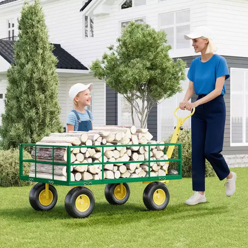 Carrello in acciaio per impieghi gravosi con maniglia girevole a 180° versatile, sponde rimovibili e ruote da 10 pollici per l'uso in cucina o in giardino