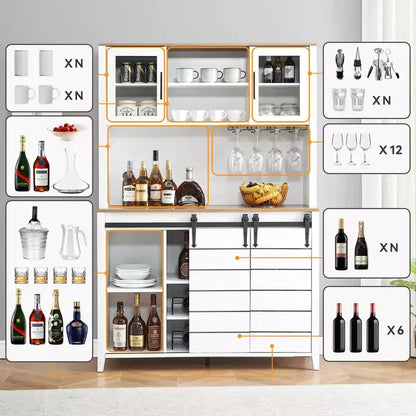 Mobile Bar in Stile Rustico da 70 Pollici con Ante Scorrevoli a Stalla e Vano Contenitore, Credenza Alta da Cucina con Porta-Vino e Bicchieri, Dispensa per Sala da Pranzo