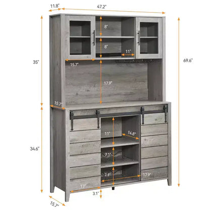 Mobile Bar in Stile Rustico da 70 Pollici con Ante Scorrevoli a Stalla e Vano Contenitore, Credenza Alta da Cucina con Porta-Vino e Bicchieri, Dispensa per Sala da Pranzo