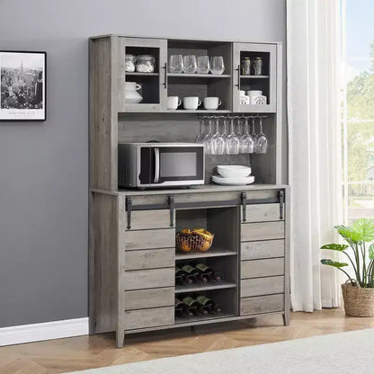 Mobile Bar in Stile Rustico da 70 Pollici con Ante Scorrevoli a Stalla e Vano Contenitore, Credenza Alta da Cucina con Porta-Vino e Bicchieri, Dispensa per Sala da Pranzo