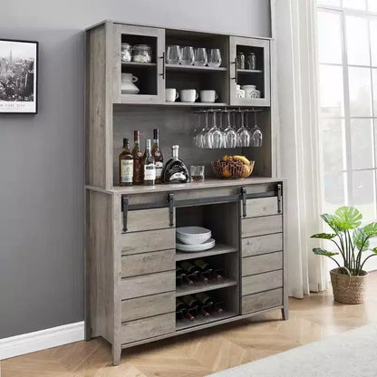 Mobile Bar in Stile Rustico da 70 Pollici con Ante Scorrevoli a Stalla e Vano Contenitore, Credenza Alta da Cucina con Porta-Vino e Bicchieri, Dispensa per Sala da Pranzo