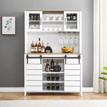 Mobile Bar in Stile Rustico da 70 Pollici con Ante Scorrevoli a Stalla e Vano Contenitore, Credenza Alta da Cucina con Porta-Vino e Bicchieri, Dispensa per Sala da Pranzo