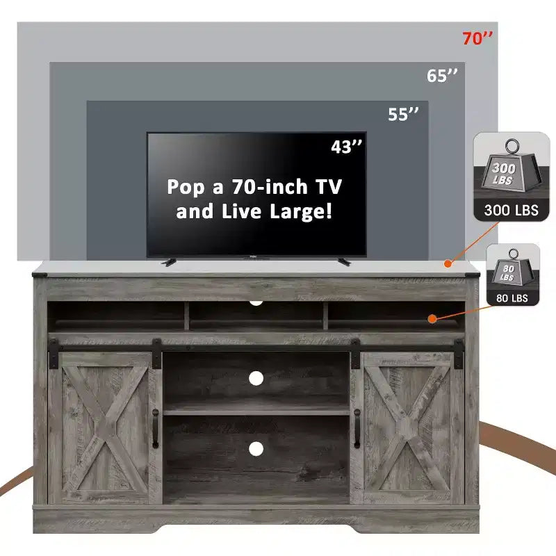 Mobile TV in Stile Rustico con Anta Scorrevole a Fienile per TV fino a 65", Console Media Alta 86 cm