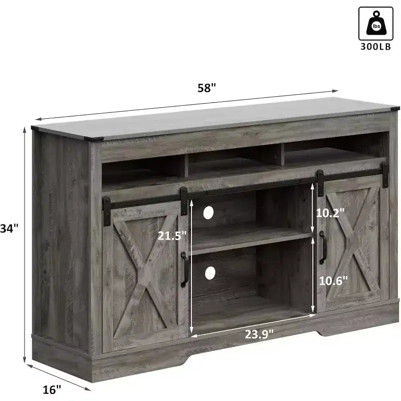 Mobile TV in Stile Rustico con Anta Scorrevole a Fienile per TV fino a 65", Console Media Alta 86 cm