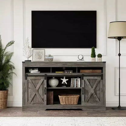 Mobile TV in Stile Rustico con Anta Scorrevole a Fienile per TV fino a 65", Console Media Alta 86 cm