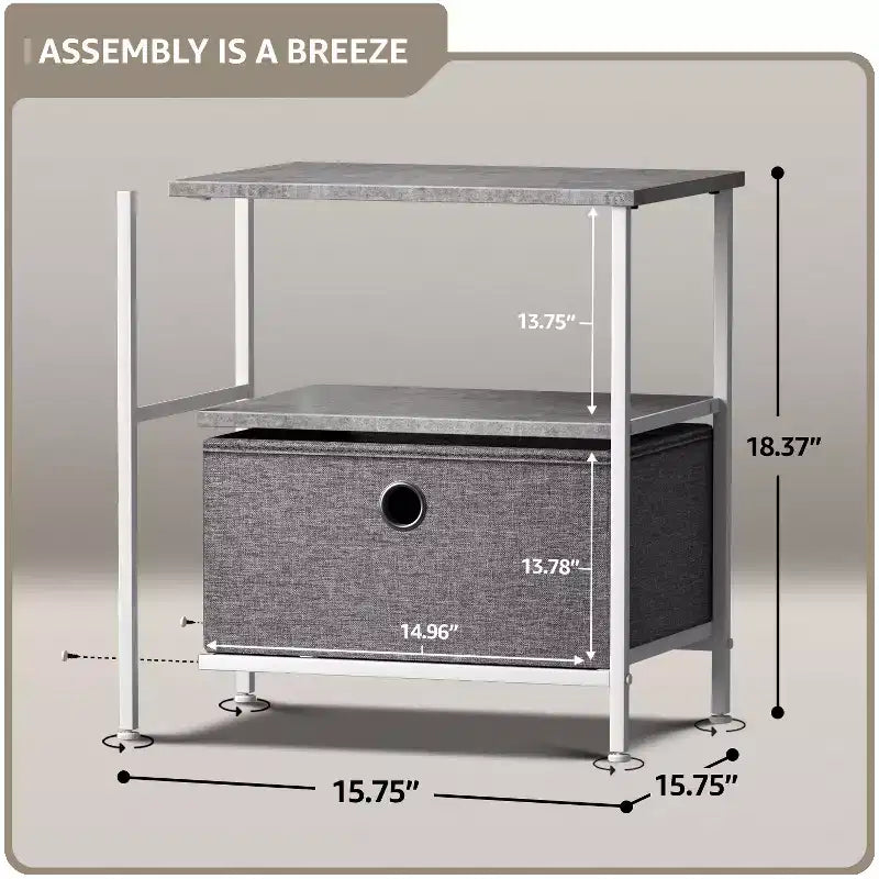 Comodino a 1 cassetto con ripiano, struttura in acciaio, piano in legno e cassetto in tessuto facile da estrarre