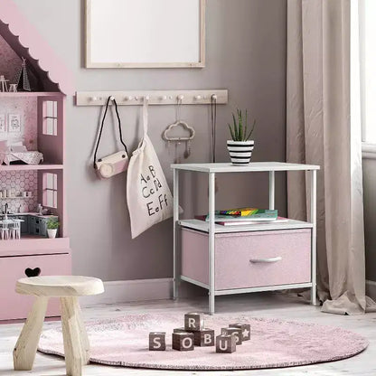 Comodino a 1 cassetto con ripiano, struttura in acciaio, piano in legno e cassetto in tessuto facile da estrarre