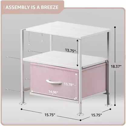 Comodino a 1 cassetto con ripiano, struttura in acciaio, piano in legno e cassetto in tessuto facile da estrarre