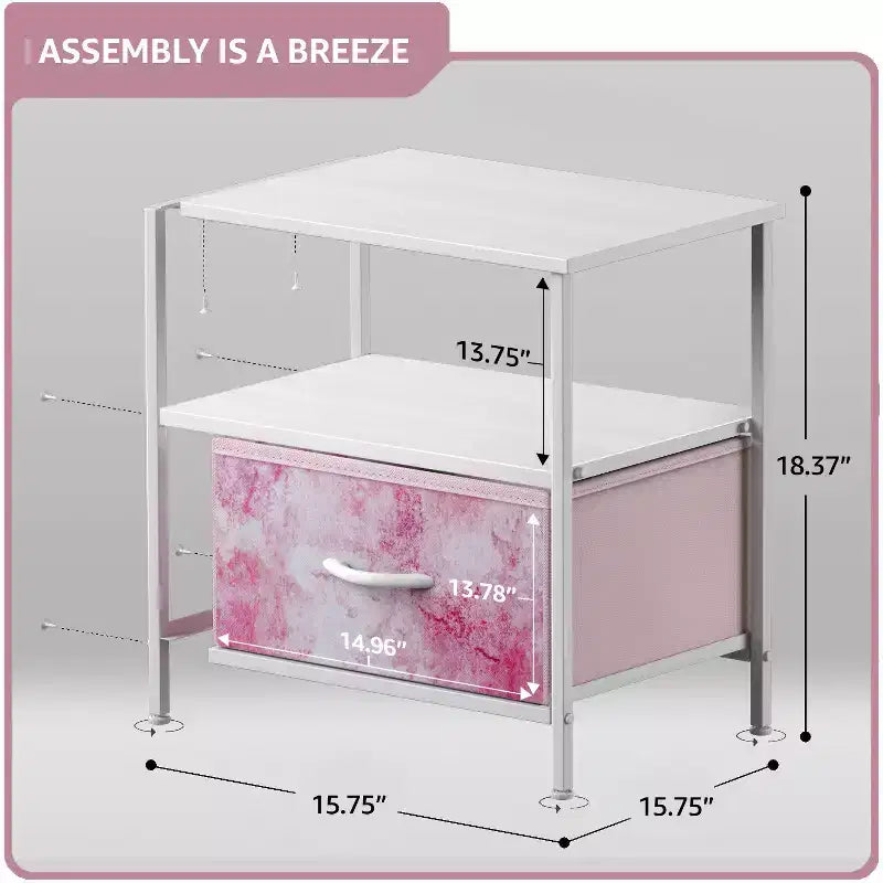 Comodino a 1 cassetto con ripiano, struttura in acciaio, piano in legno e cassetto in tessuto facile da estrarre