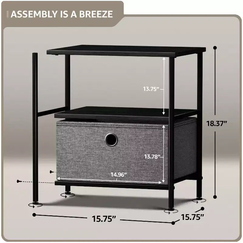 Comodino a 1 cassetto con ripiano, struttura in acciaio, piano in legno e cassetto in tessuto facile da estrarre