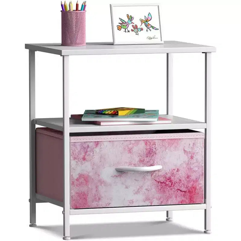 Comodino a 1 cassetto con ripiano, struttura in acciaio, piano in legno e cassetto in tessuto facile da estrarre