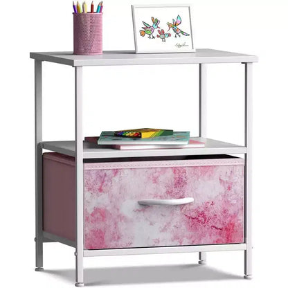 Comodino a 1 cassetto con ripiano, struttura in acciaio, piano in legno e cassetto in tessuto facile da estrarre