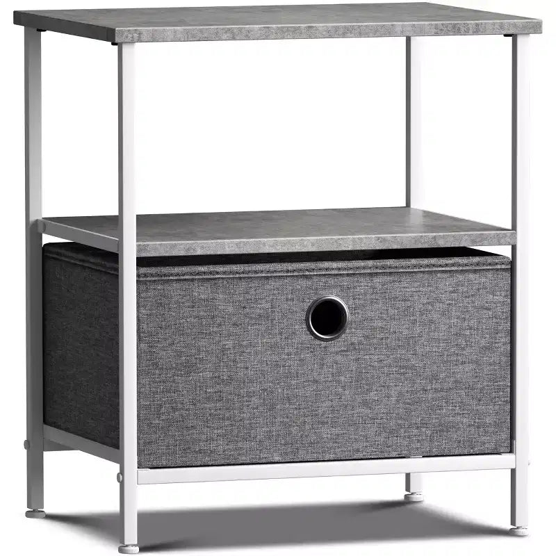 Comodino a 1 cassetto con ripiano, struttura in acciaio, piano in legno e cassetto in tessuto facile da estrarre